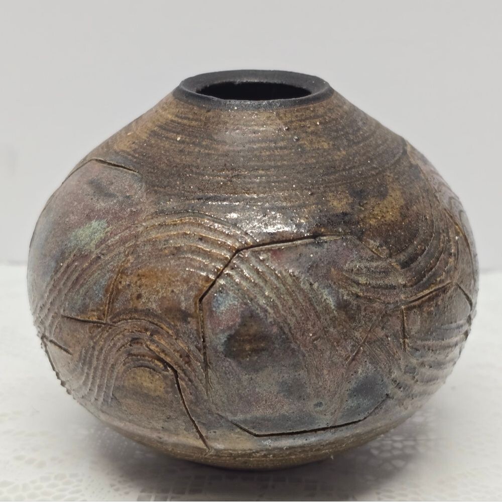 Vintage Studio Pottery Brown Textured Small Vase Rustic Cottage MCM Boho